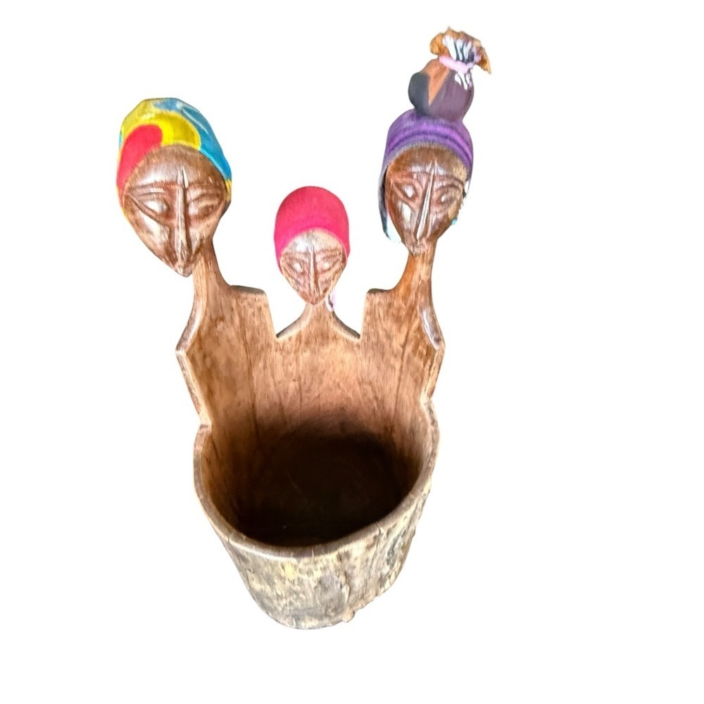Hand Carved African Women Wood Sculpture Pencil Holder Folk Art Mozambique Style - Picture 6 of 14